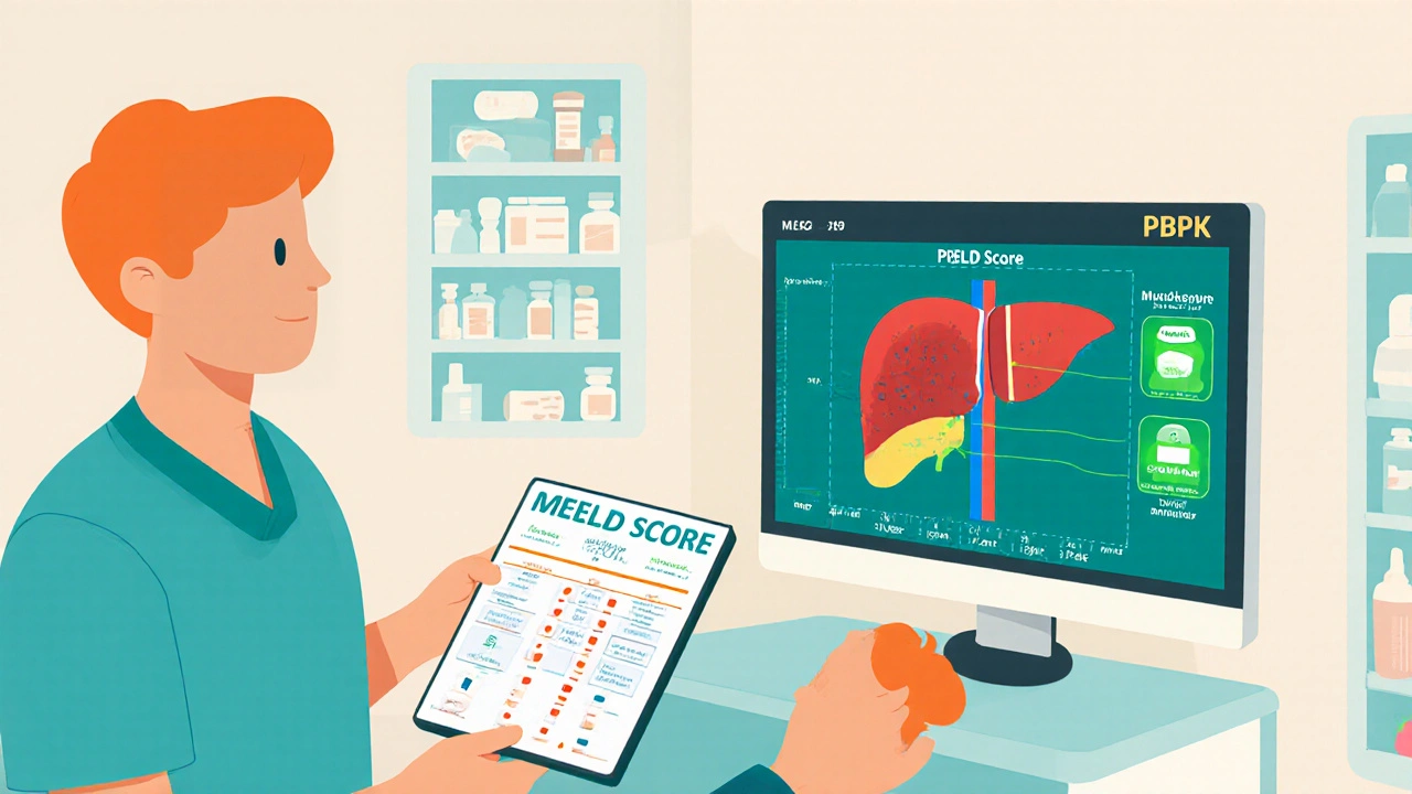 A pharmacist using a tablet to review personalized drug dosing for a liver disease patient.