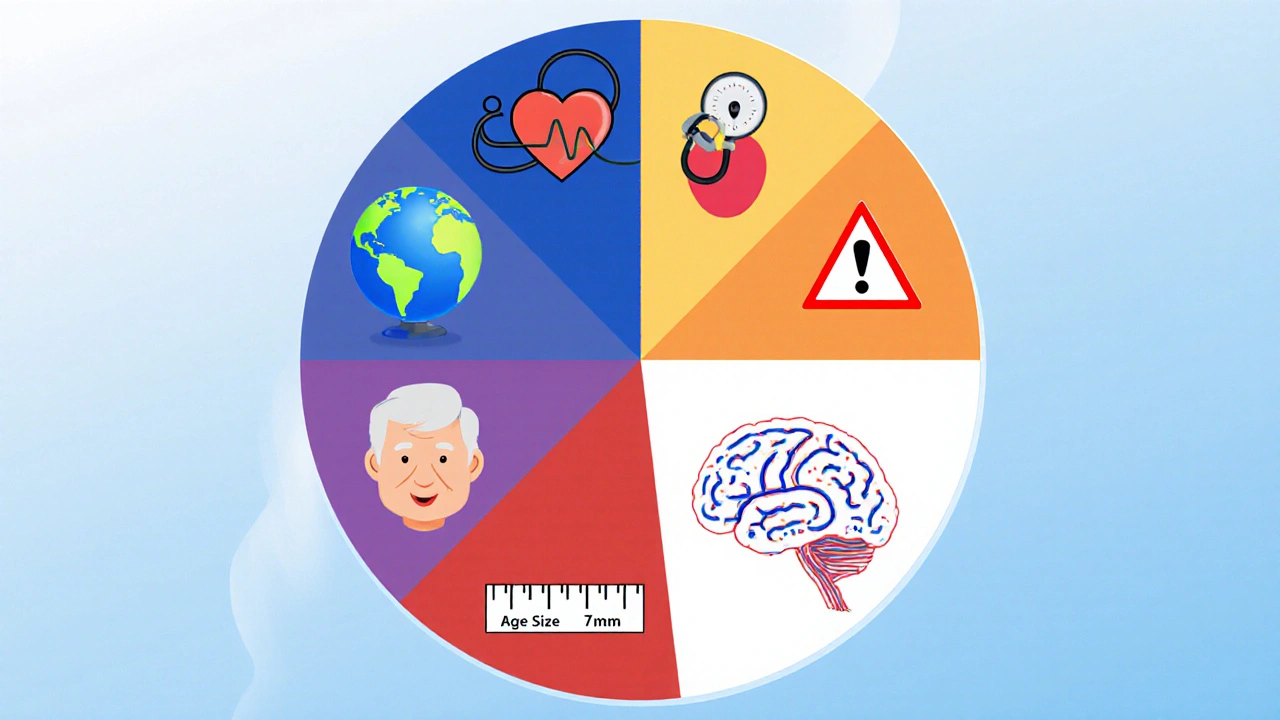 A PHASES score pie chart with six icons representing risk factors for aneurysm rupture, displayed in flat design.