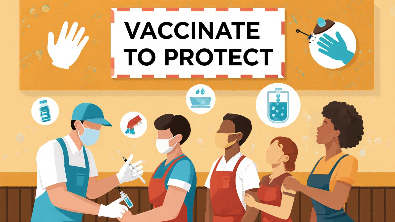 A public health worker vaccinating restaurant staff to prevent hepatitis A outbreaks.