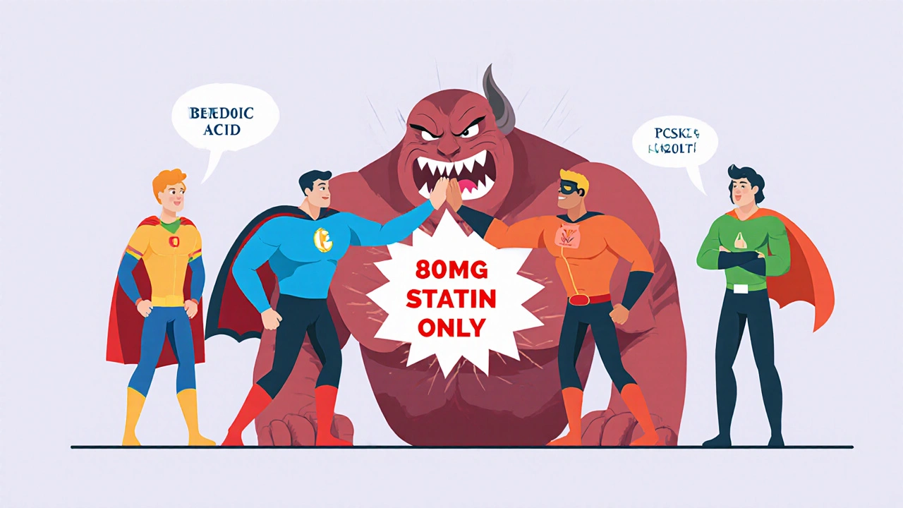 A superhero team of cholesterol medications defeating an LDL monster in a stylized flat design illustration.