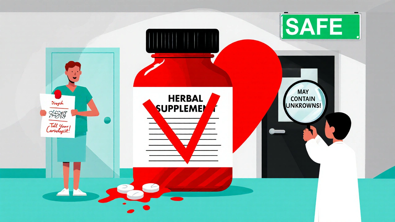 A warning sign over unsafe supplements leaking hidden drugs, with a doctor’s note urging disclosure in flat cartoon style.
