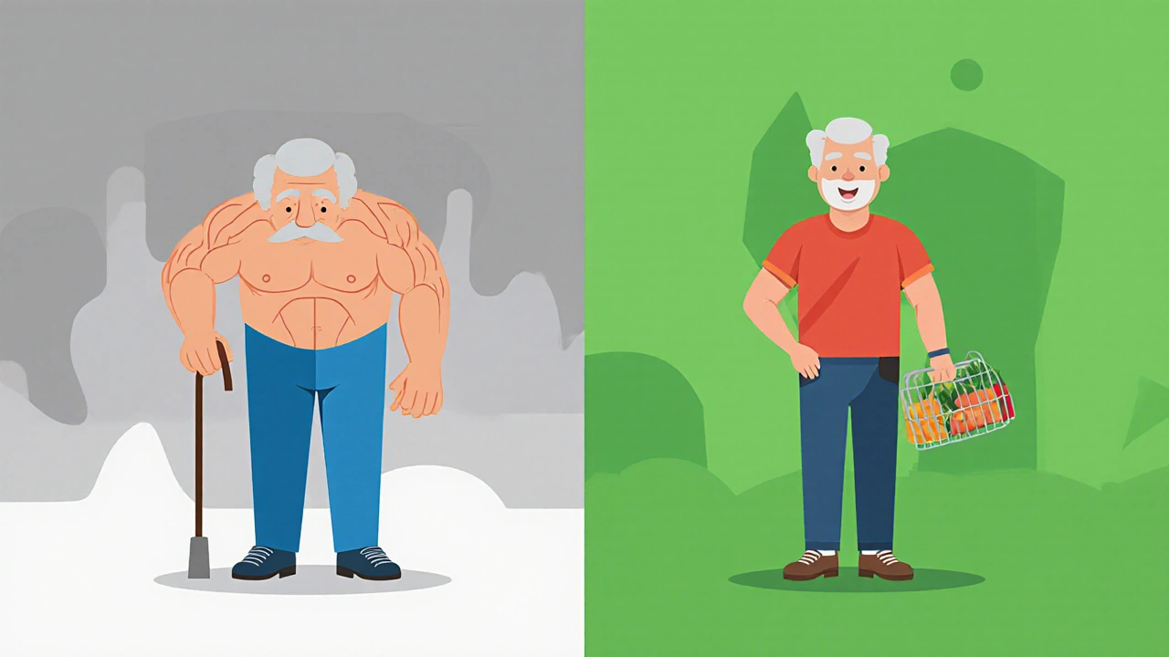 Before and after illustration of an older person gaining muscle strength and independence.