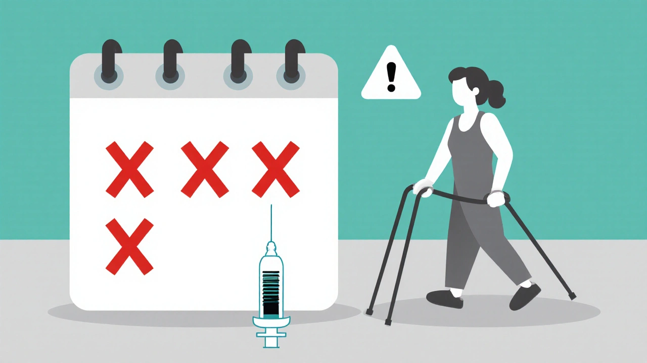 Calendar showing four injection limits with a person using physical therapy to avoid overuse.