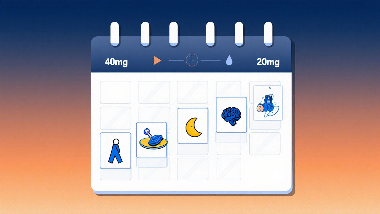 Calendar showing slow steroid dose reduction over months with health symbols integrated into each week.