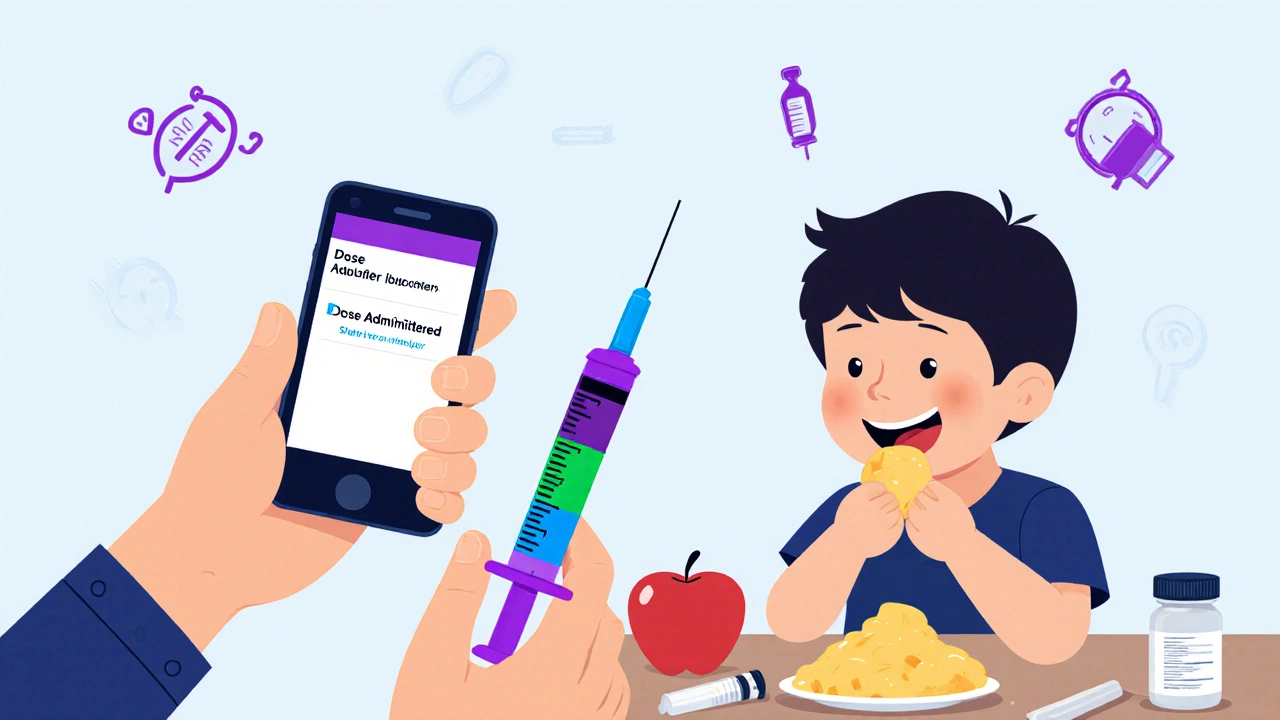 Color-coded smart syringe changing color at correct dose, smartphone notification, child eating applesauce after medication.