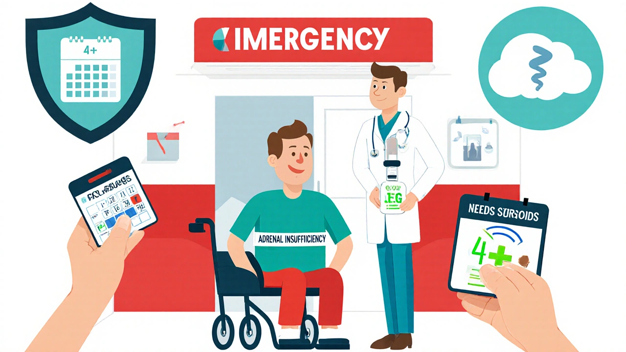 Emergency room scene with patient wearing adrenal insufficiency ID bracelet and receiving hydrocortisone.