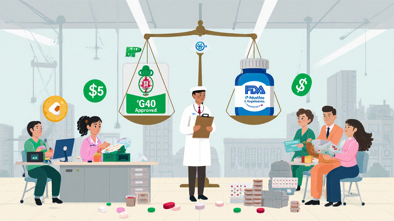 Global generic drug factory with FDA inspector and balanced cost scale between brand and generic pills.