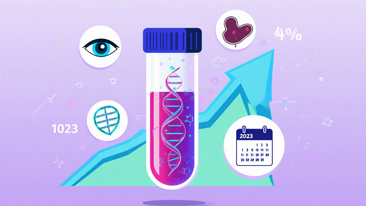 Glowing blood test vial with DNA, AI eye, and BRCA icon, symbolizing new detection methods and rising survival rates.