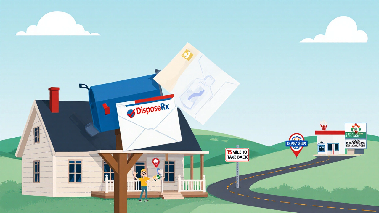 Mail-back envelope being deposited in a rural mailbox with nearby take-back locations marked.