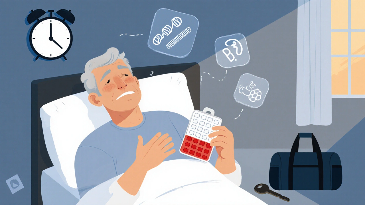 Man waking up with chest pain, holding a pill organizer with a missed dose.