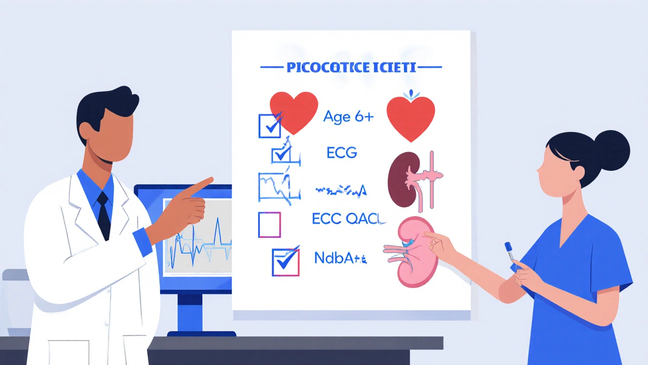 Medical checklist with icons for risk factors, showing three checked and a normal ECG result on monitor.
