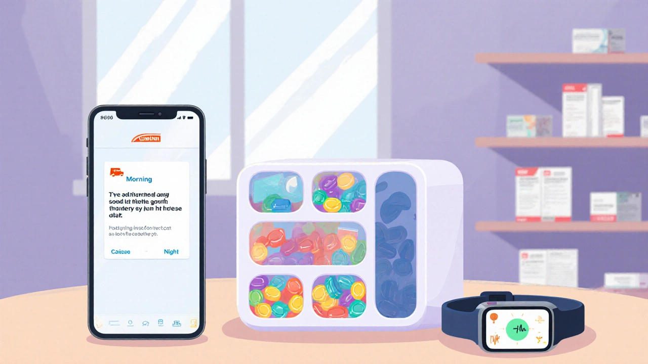 Medication organizer with pills and smartphone notification, paired with a wearable health device in flat illustration.