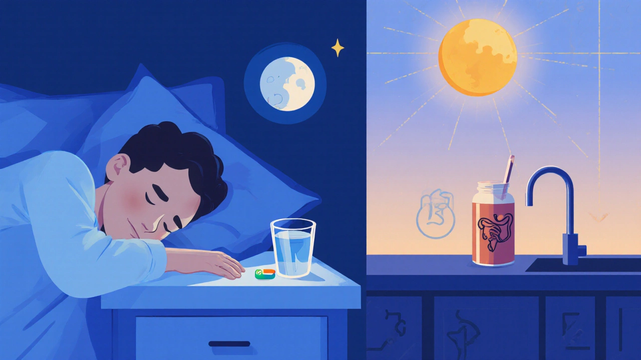 Nighttime scene with pill on nightstand and protein shake left behind in kitchen under morning light.