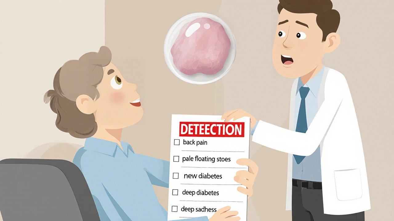 Patient in doctor’s office holding symptom list, with a translucent tumor floating above as the doctor realizes the signs.