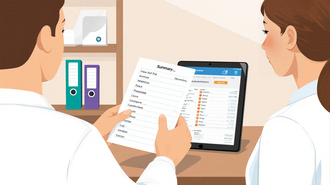 Person giving a medication summary to a doctor while a digital record is displayed on a tablet.