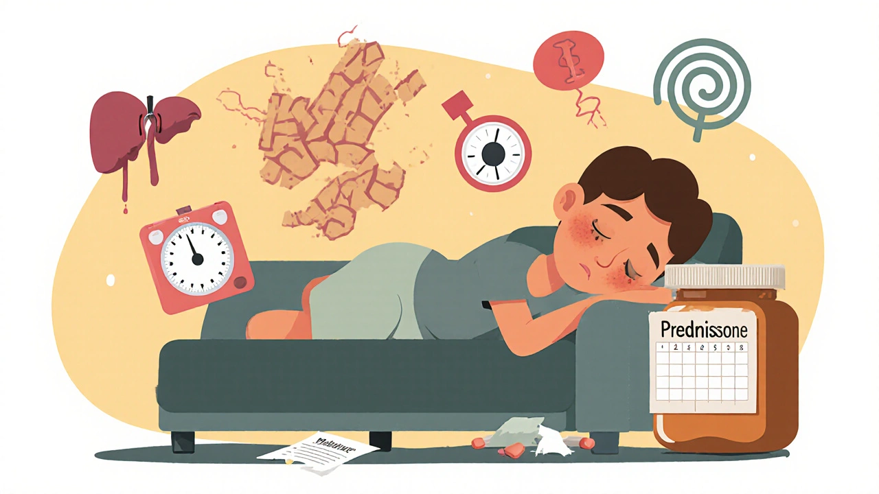 Person showing fatigue symptoms after stopping steroids, with empty pill bottle and torn taper schedule.