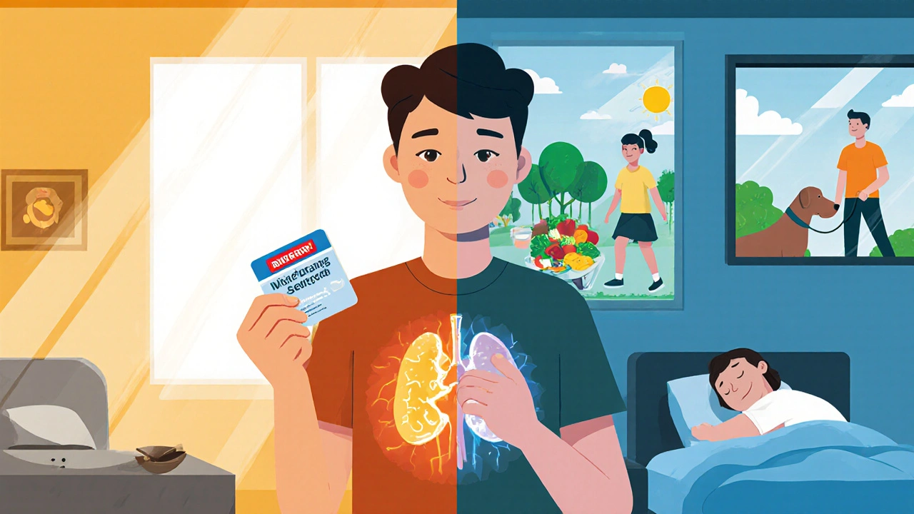 Person standing confidently holding emergency card, with split background showing past fatigue and present recovery.