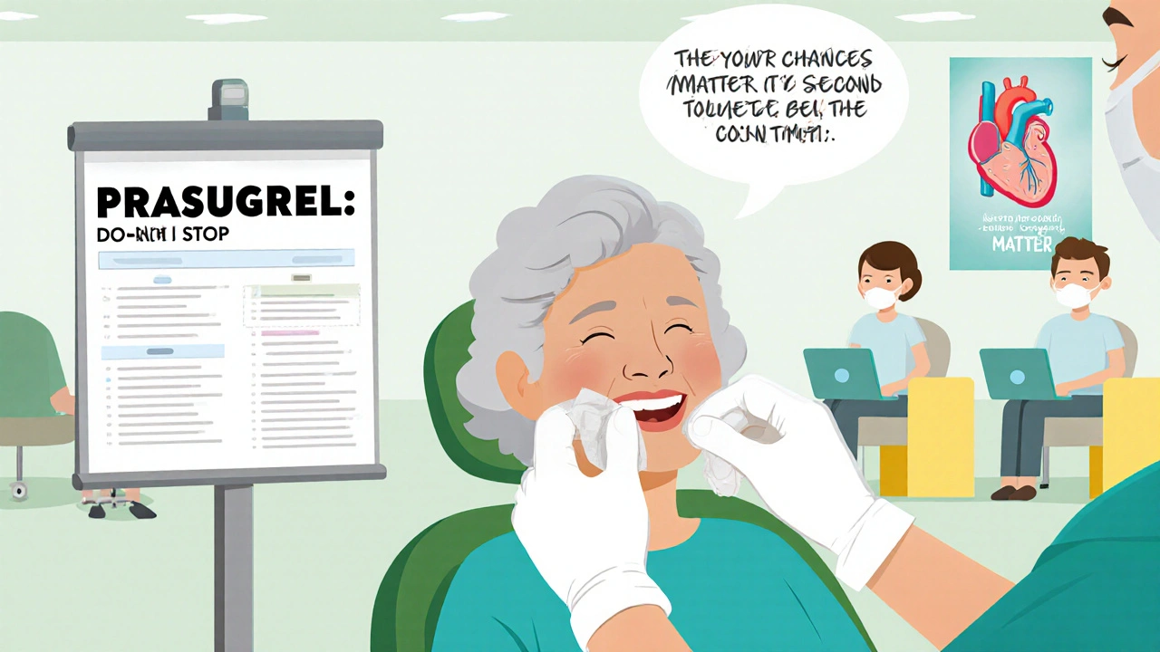 Senior woman at dentist with &#039;Do Not Stop Prasugrel&#039; chart, calm and informed.