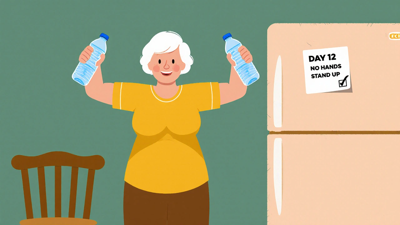 Senior woman doing bicep curls at home with a sticky note tracking progress.