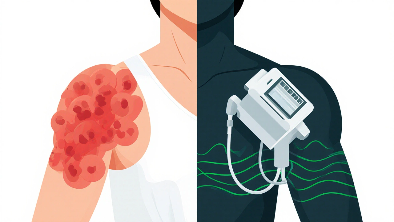 Side-by-side illustration of an inflamed shoulder versus a restored, mobile shoulder.