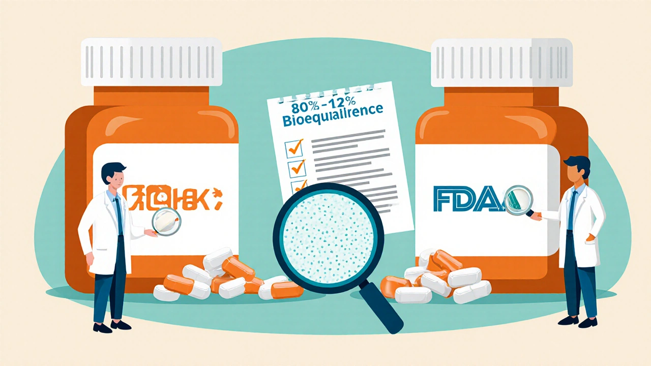 Side-by-side pill bottles with magnifying glass showing uniform tablet analysis and FDA checklist.