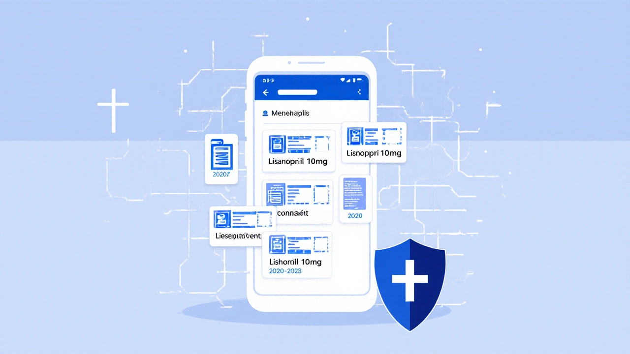 Smartphone screen showing a secure medication app with encrypted prescription records.
