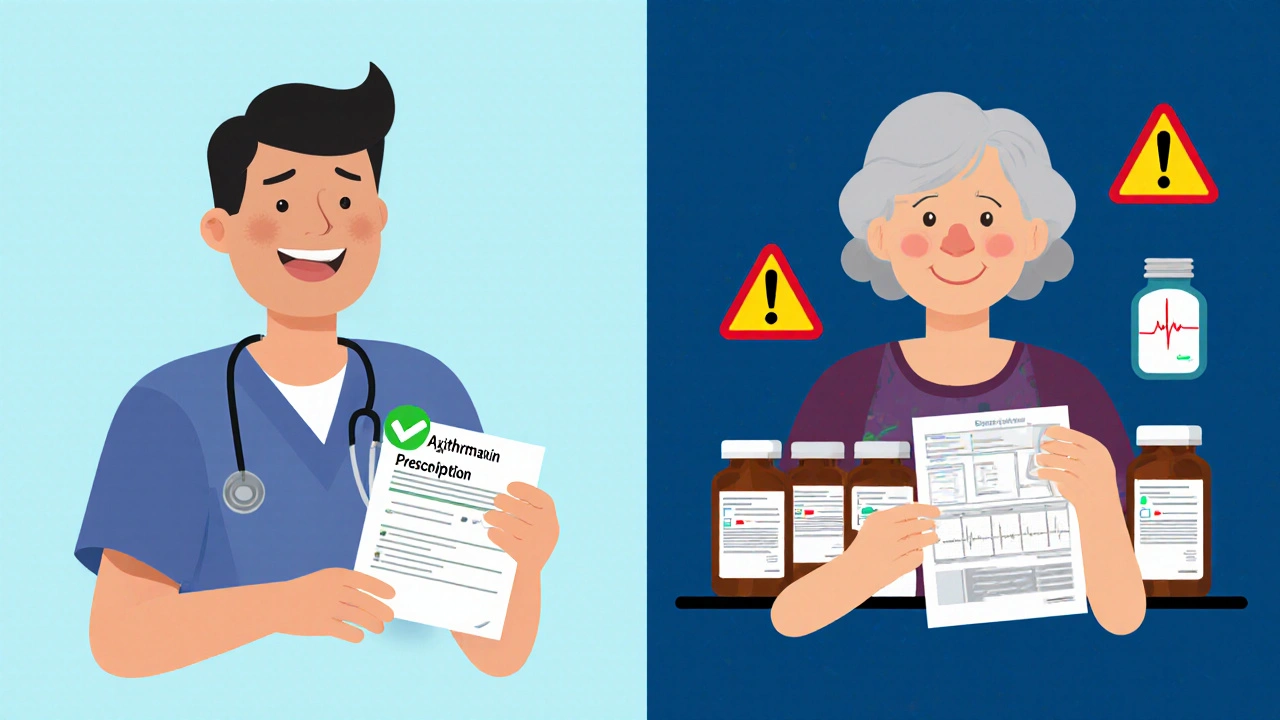 Split illustration: young person safely getting azithromycin vs. older patient with risk factors and warning signs.
