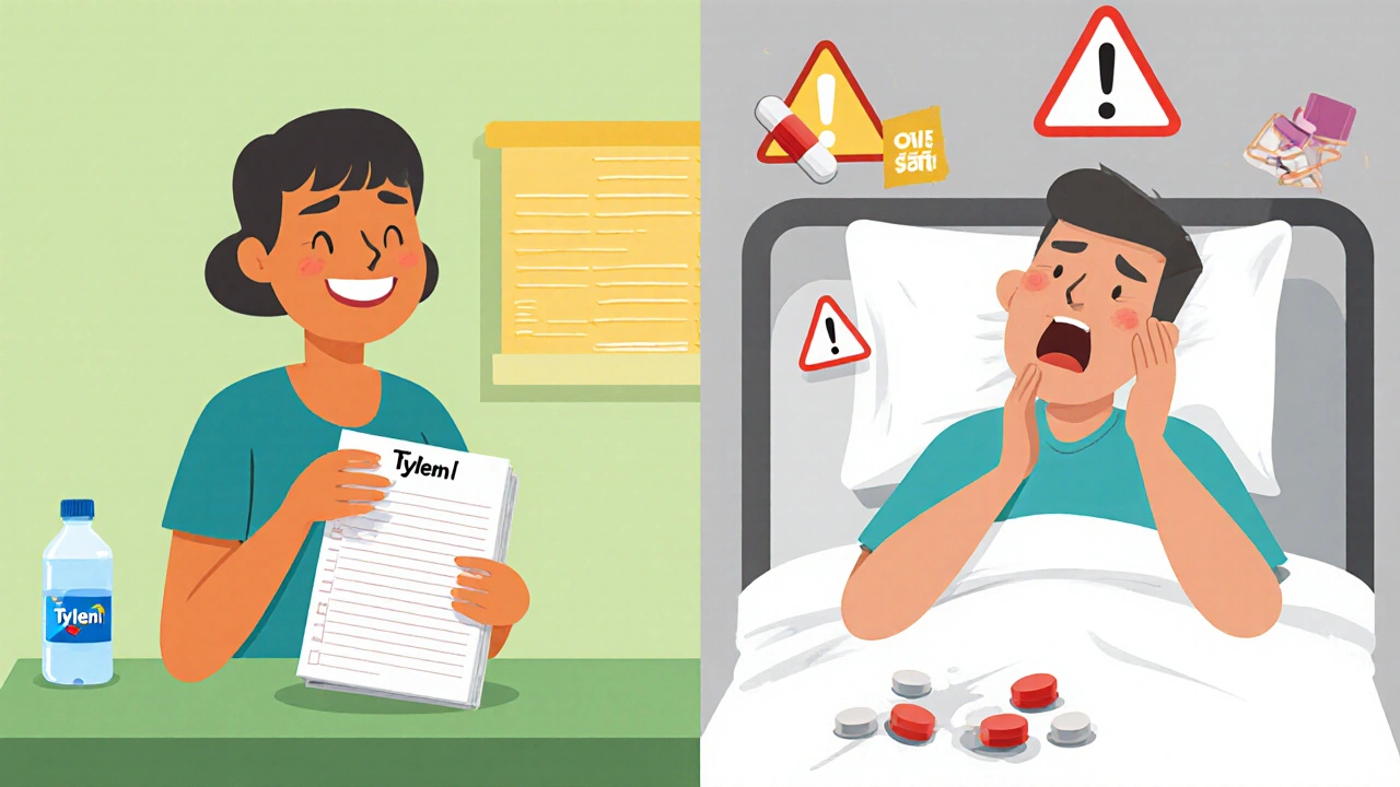 Split scene: safe pain relief with Tylenol vs. hospitalization from NSAIDs.
