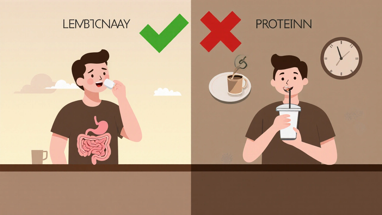 Split timeline showing correct and incorrect timing of levothyroxine and protein shake intake.