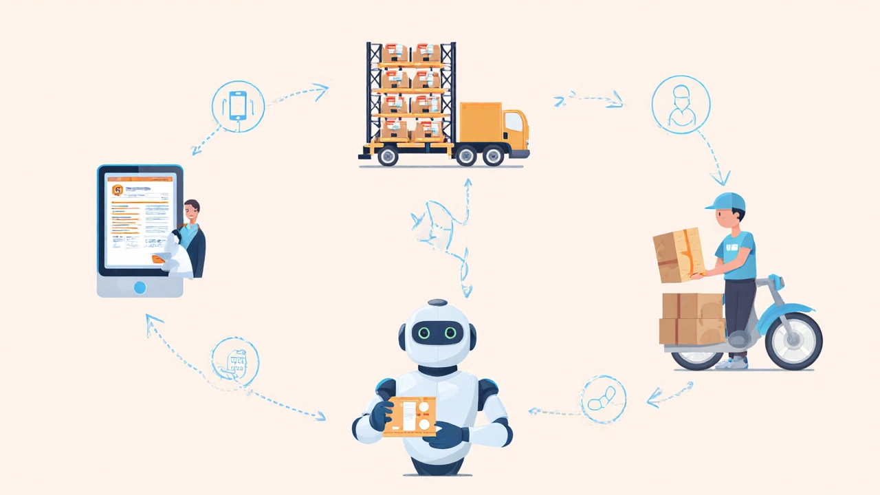 Step-by-step process of prescription delivery from doctor to warehouse to doorstep, shown in flat design.