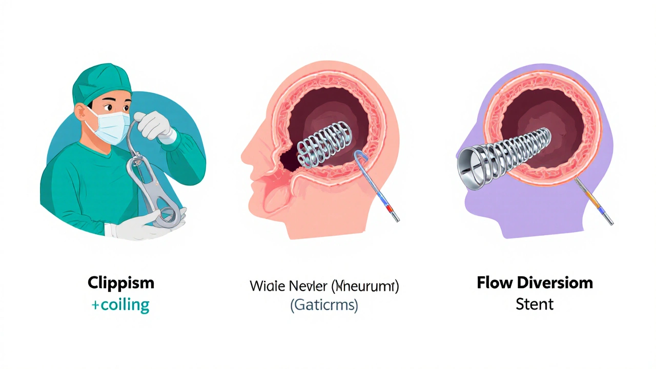 Three medical treatments for brain aneurysms illustrated simply: clipping, coiling, and flow diversion with distinct visual styles.