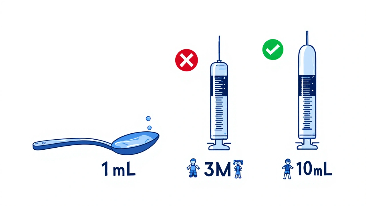 Three oral syringes sized for different doses next to a kitchen spoon, with checkmark and X icons showing correct vs. unsafe tools.