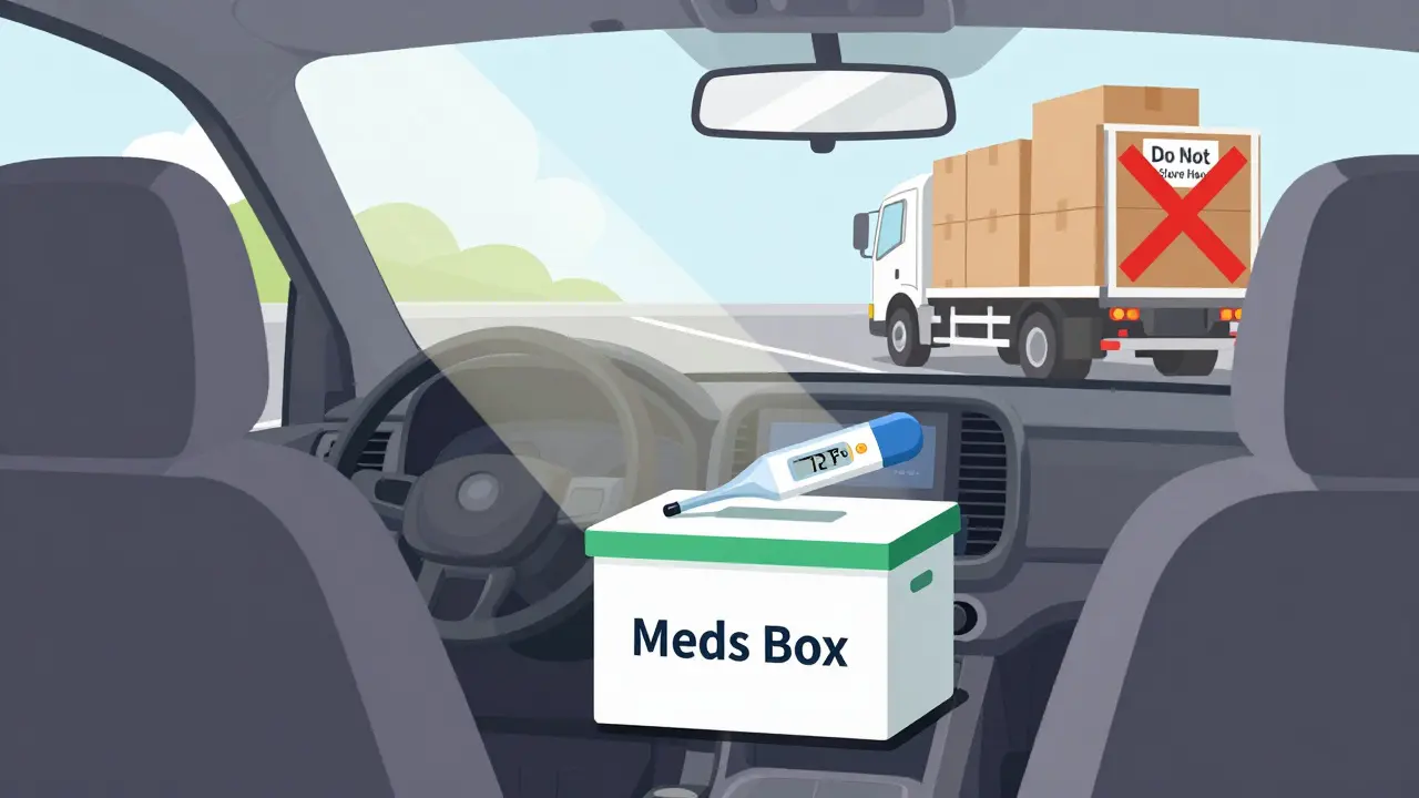 A labeled meds box sits safely on a car's passenger seat, with a thermometer showing ideal temperature and a warning over the trunk.