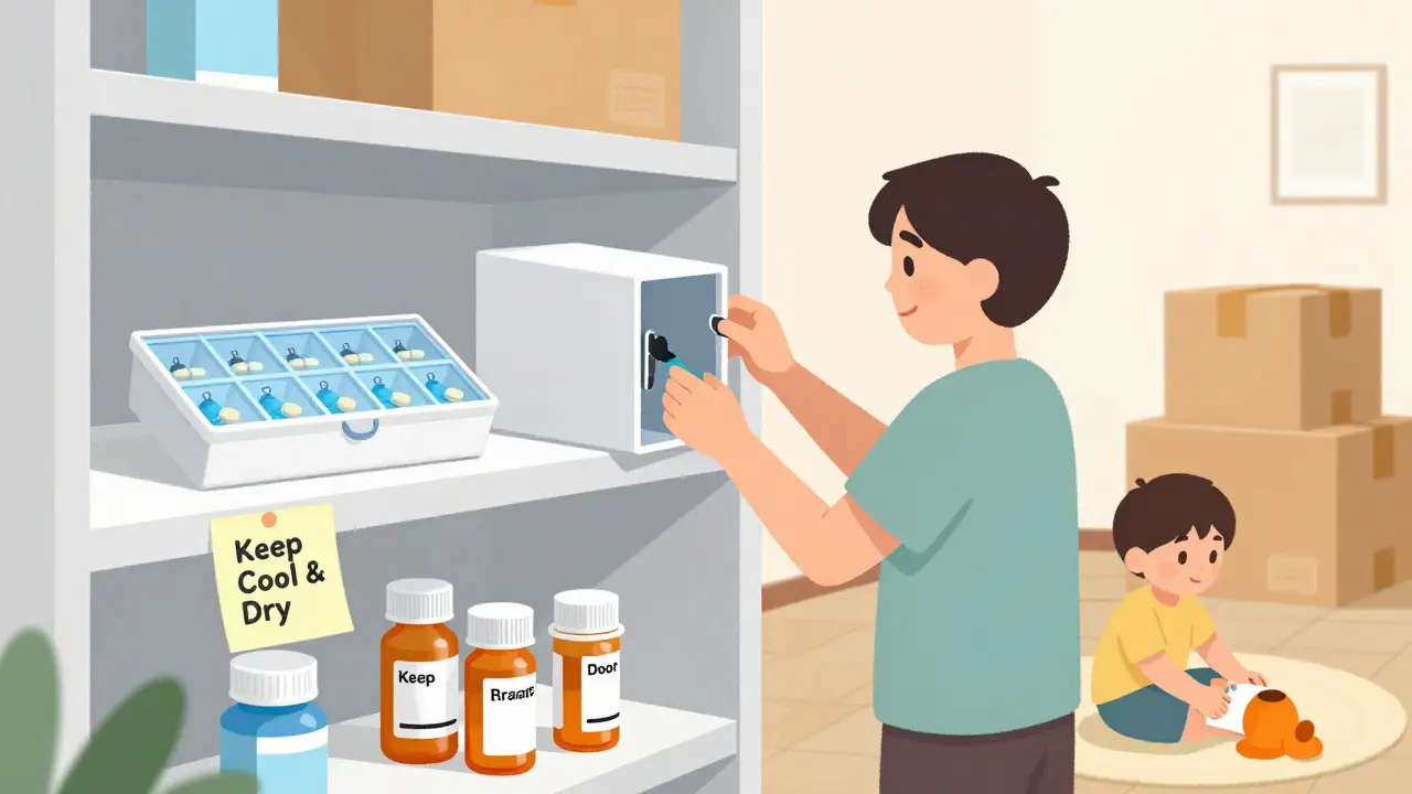 A lockbox with labeled prescriptions is installed in a new home's bedroom, while a child plays safely nearby.