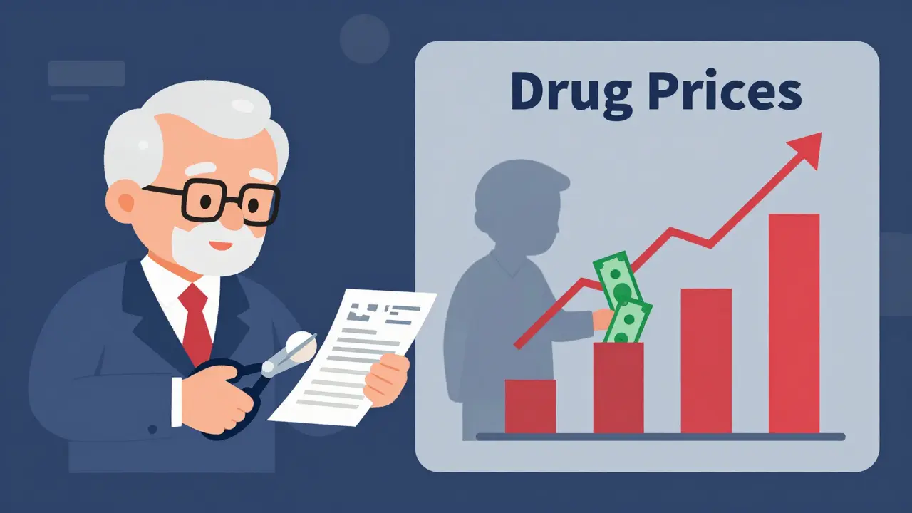 A person cuts a pill in half while facing rent costs; a rising graph shows drug prices feeding money into a lobby room.