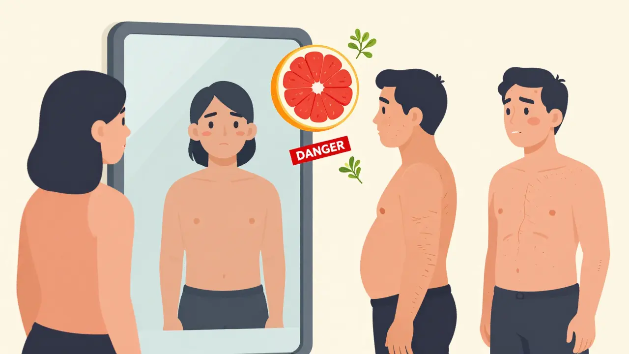 A person seeing two versions of themselves in a mirror—one healthy, one affected by steroid side effects—with dangerous herbs nearby.