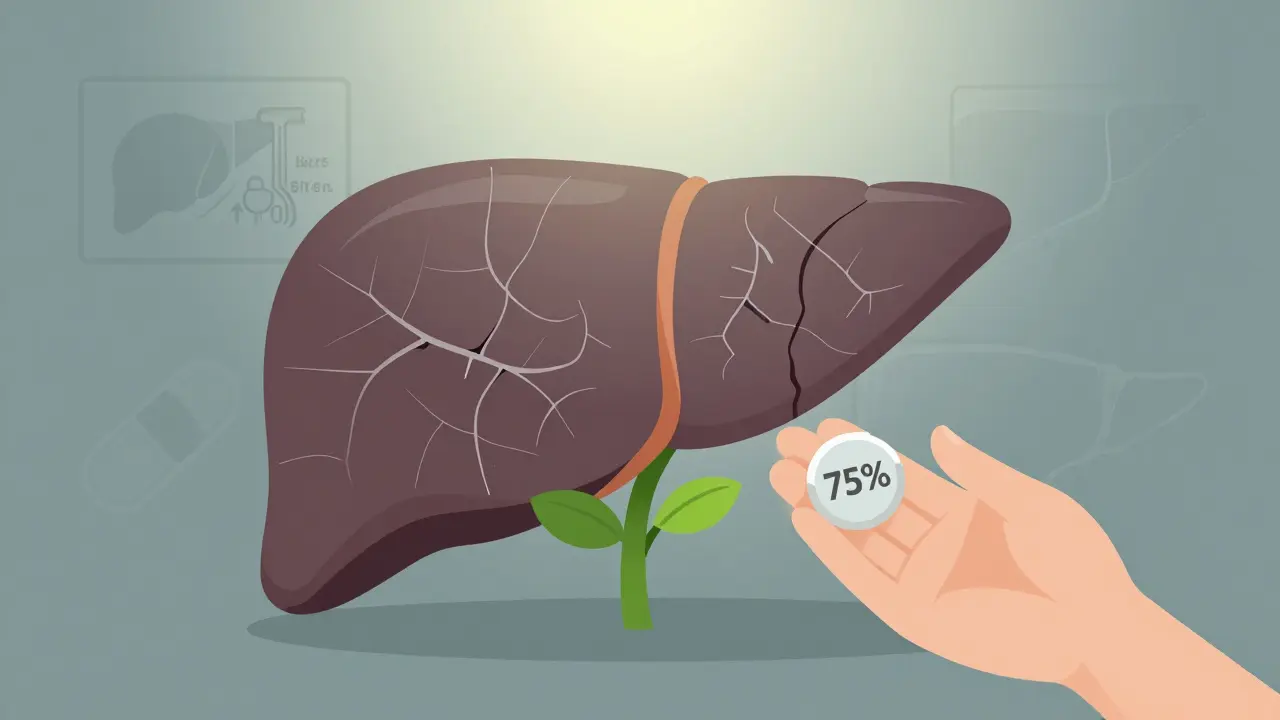 A scarred liver with a small green sprout growing from it, representing hope and recovery after cirrhosis.