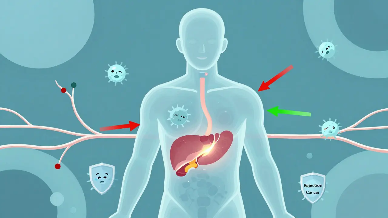 A transparent human torso with a transplanted organ and immune cells interacting with drug molecules showing dangerous interactions.