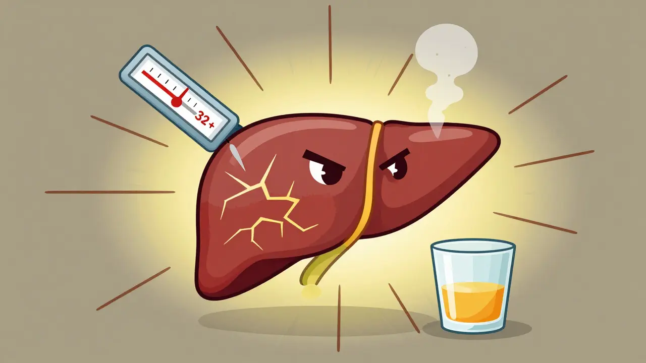 An inflamed red liver with jaundice and a warning score, showing signs of alcoholic hepatitis.