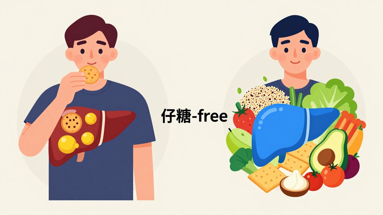 Before-and-after scene: unhealthy gluten-free snacks causing fatty liver vs. whole foods restoring liver health in flat design.