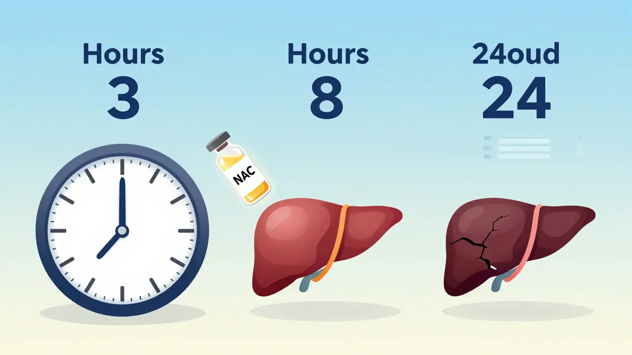 Countdown clock with NAC vial approaching liver icon, showing time-dependent survival changes