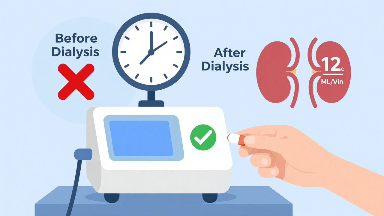 Dialysis machine with clock showing pill timing: red X before, green checkmark after treatment.