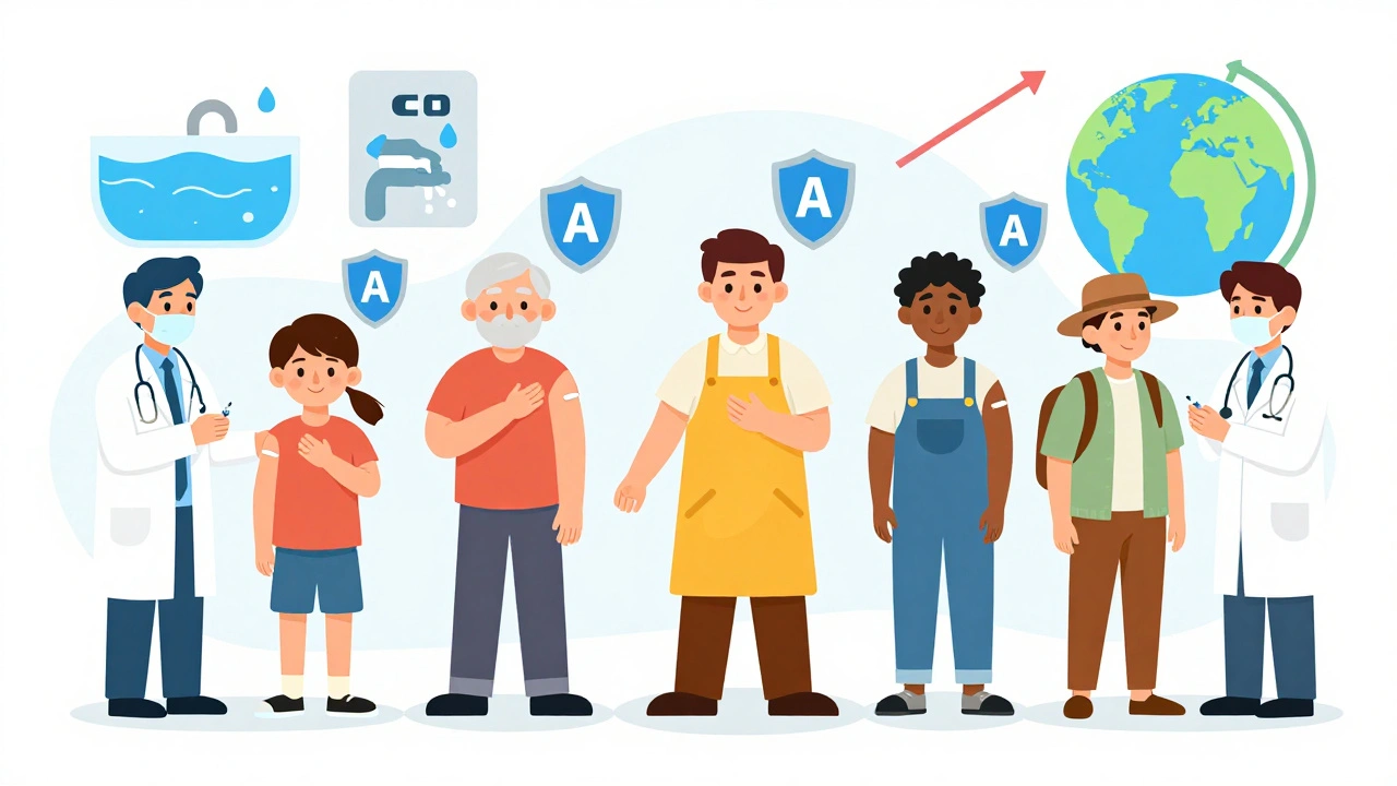 Diverse group receiving hepatitis A vaccines, with immunity shields glowing above them.