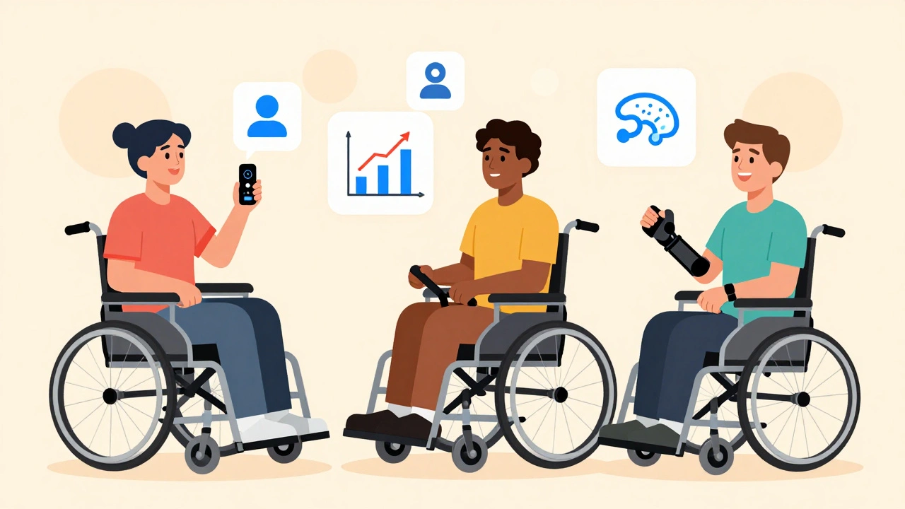 Diverse individuals with spinal cord injuries using smart home tech, modified car, and arm device, surrounded by icons of support and AI therapy.