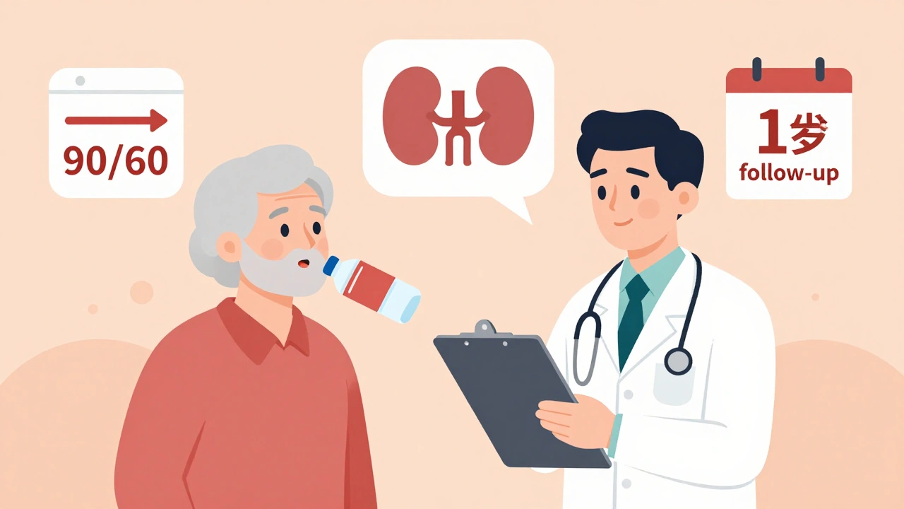 Doctor and patient discussing SGLT2 inhibitor safety, with visual cues for hydration, blood pressure, and follow-up.