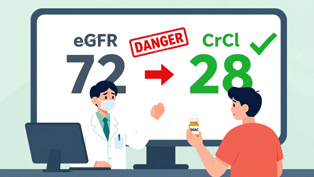 Doctor and patient facing a screen comparing eGFR and CrCl, with green checkmark over correct value.