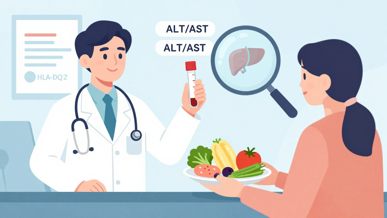 Doctor holding blood test with elevated liver enzymes while patient eats healthy foods, with hidden celiac markers in background.