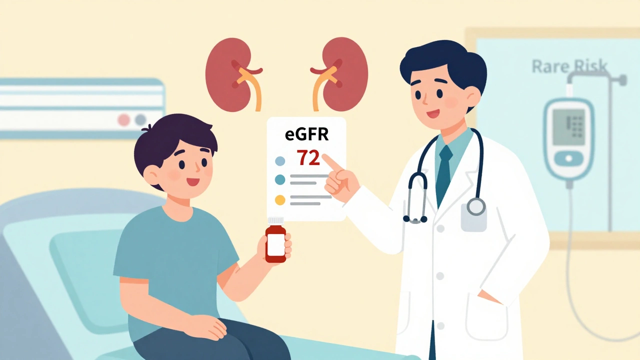 Doctor shows patient normal eGFR result, patient holds metformin bottle with dialysis faintly in background.