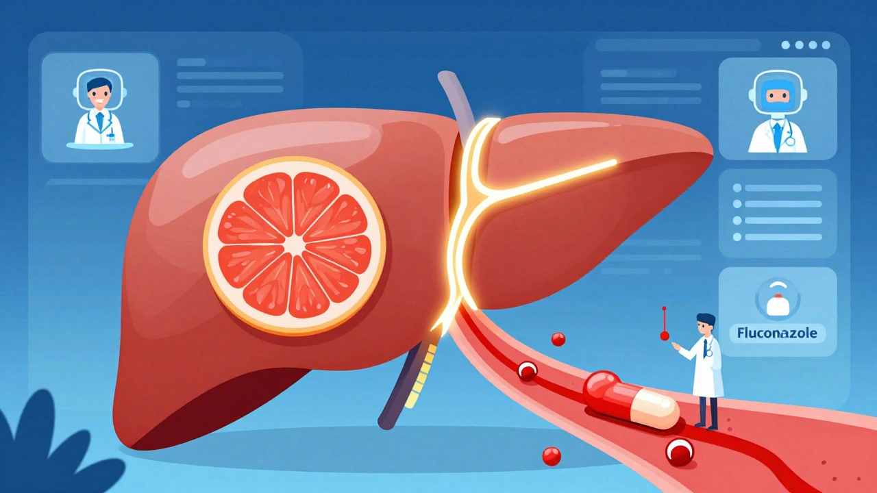 Human liver with blocked pathways and toxic drug overflow, monitored by AI and doctors in flat design.