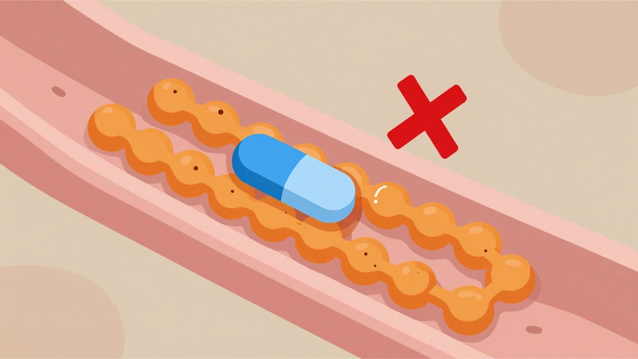 Molecular illustration showing calcium blocking bisphosphonate absorption in the gut.